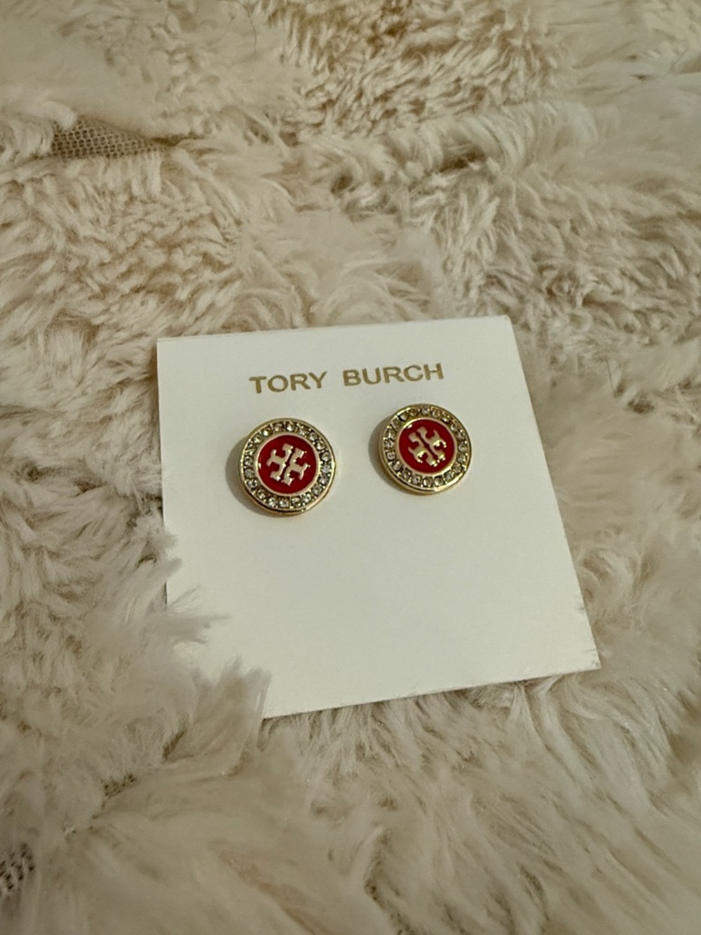Tory Burch Red and Gold Logo Crystal Stud Earrings